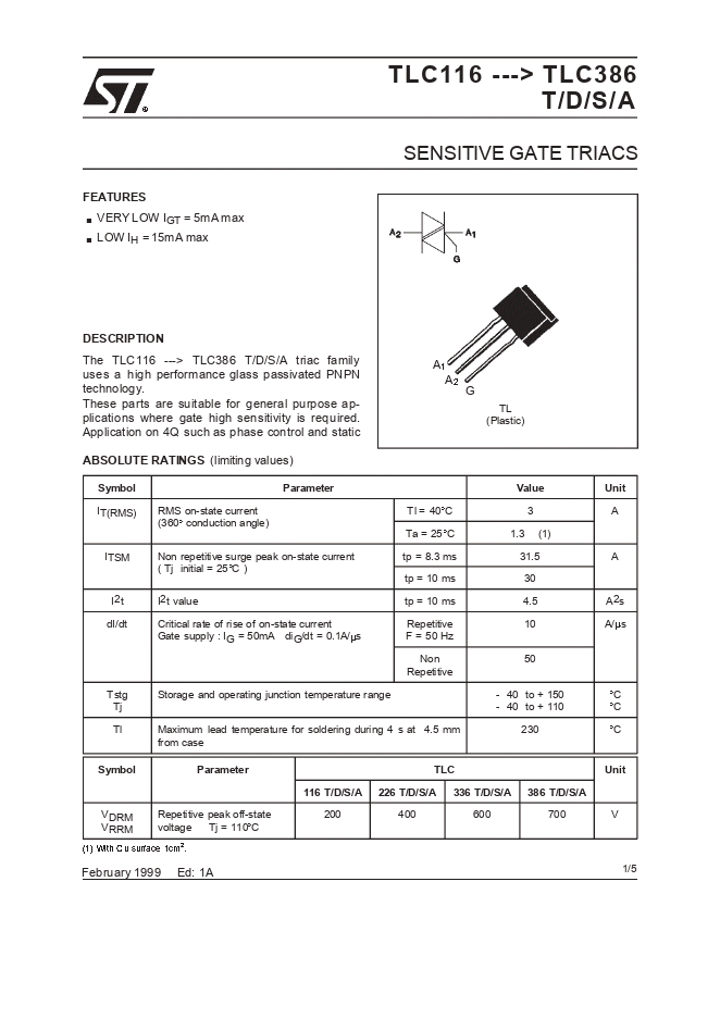 TLC386 双向可控硅 Pdf资料