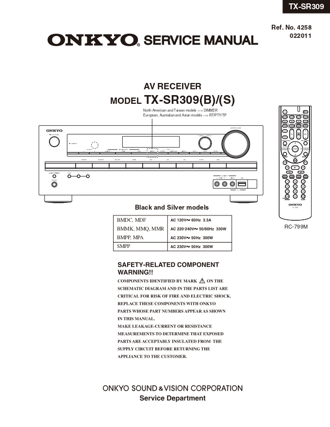 Onkyo 安桥TX-SR309功放维修手册