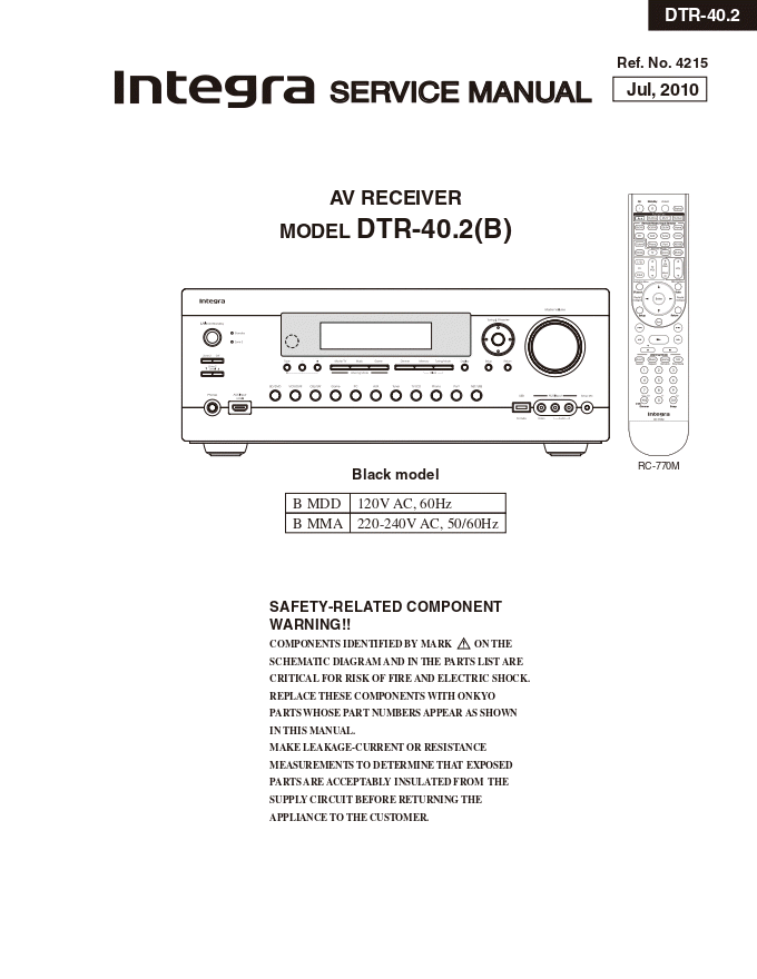 Onkyo安桥INTEGRA安桥DTR-40.2(B)功放维修手册