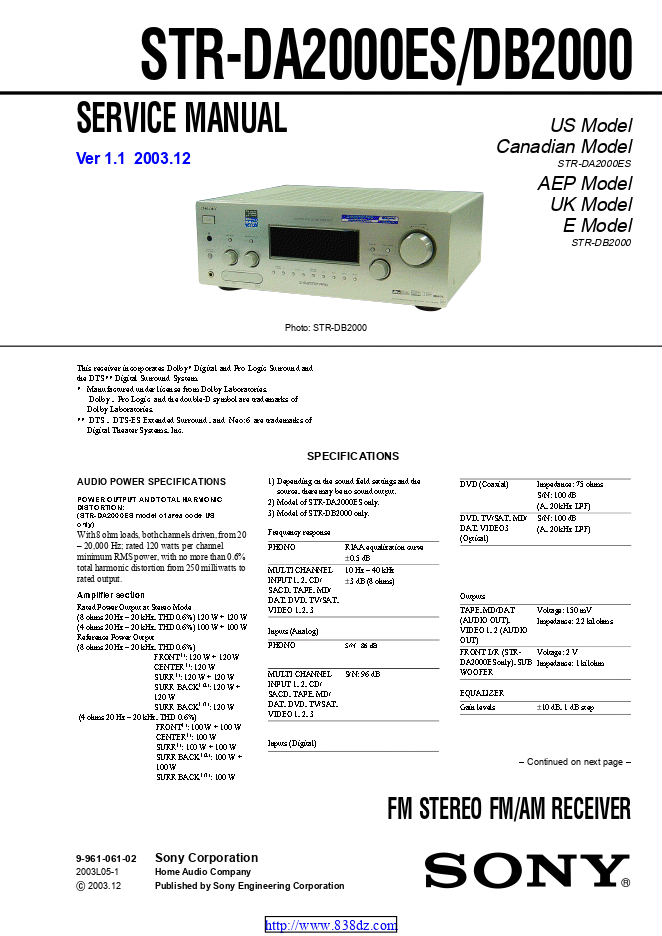 Sony 索尼 STR-DB2000功放维修手册