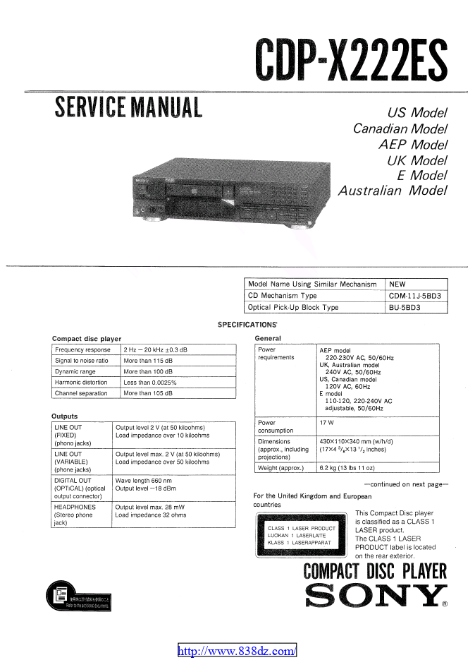 Sony索尼CDP-X222ES CD机维修手册