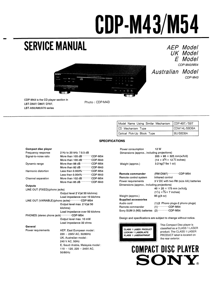 Sony-索尼CDP-M43 CDP-M54 CD播放机维修手册