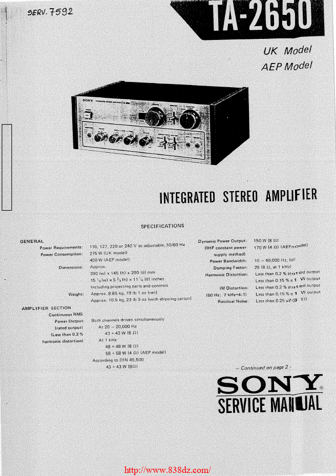 Sony索尼TA-2650 功放维修手册