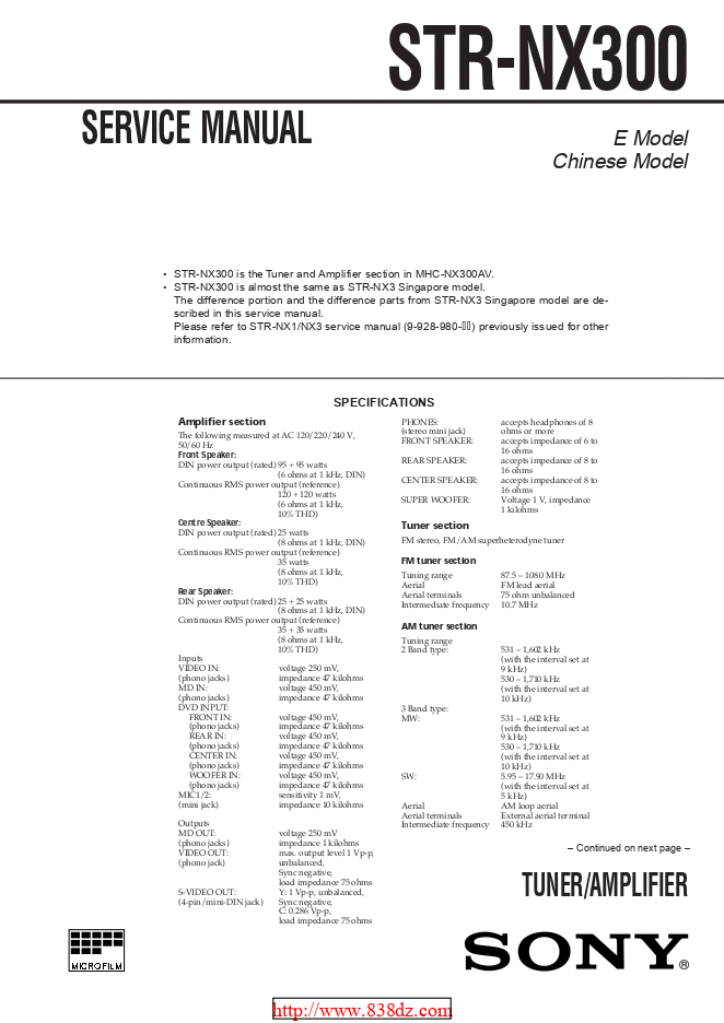 Sony-索尼STR-NX300电脑组合音响维修手册