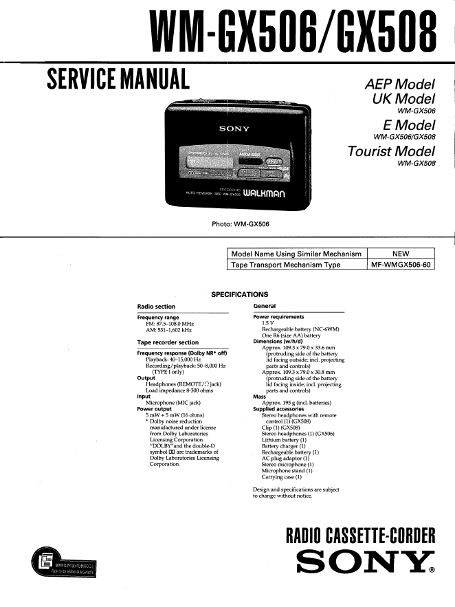 SONY索尼WM-GX506 WM-GX508磁带随身听维修手册