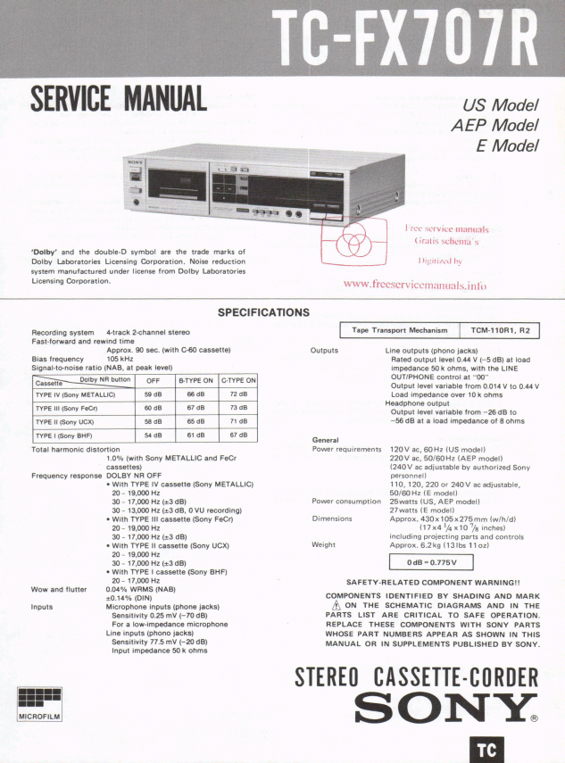SONY索尼TC-FX707R录音机维修手册