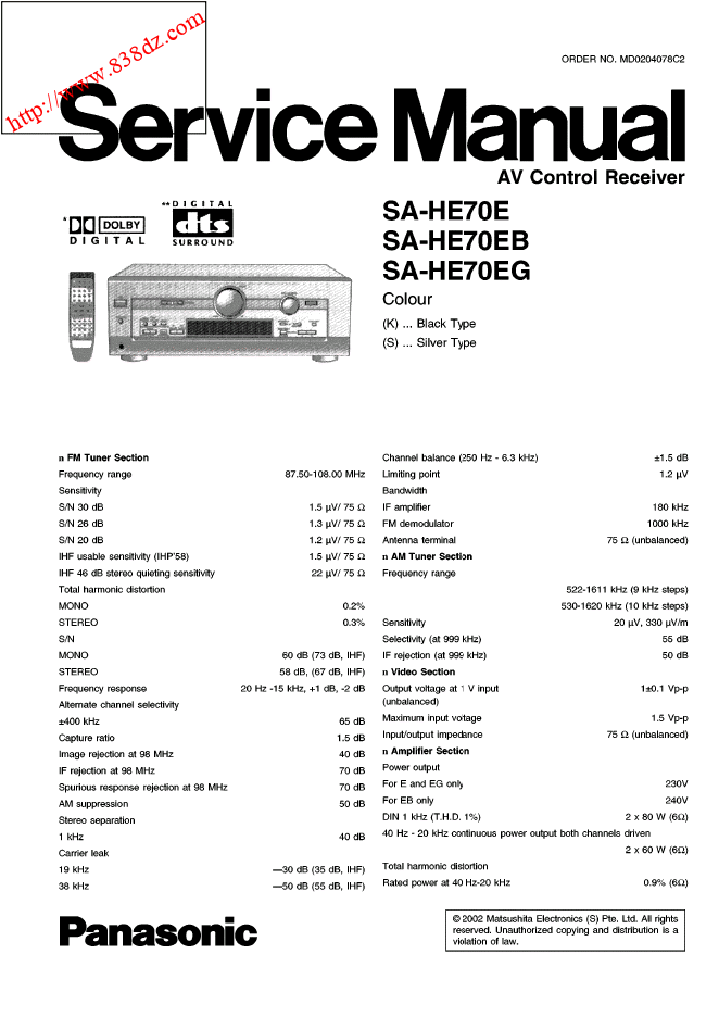 PANASONIC松下SA-HE70E SA-HE70EB SA-HE70EG功放维修手册